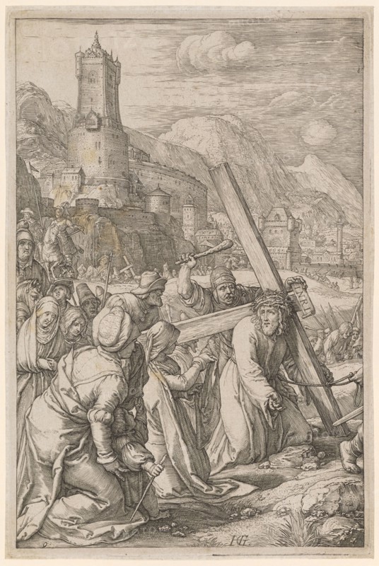 The Cross Carrying, copperplate, plate: 20.3 x 13.5 cm |, Leaf: 20.6 x 13.8 cm, U. l., numbered: 9, u, ., M. r .: monogrammed: HG [lig.], Hendrick Goltzius, Mühlbrecht 1558–1617 Haarlem