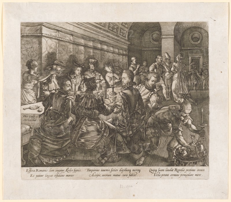 The Feast of Sextus Tarquinius, 1578/79, copperplate, plate: 21 x 25 cm |, Leaf: 26.2 x 29.9 cm, l., M. indicates: Phl's bile, excudebat ., below the image field: Effera Romanis dum cingitur Ardea signis, Et patitur longas obsidione moras, Tarquinius iuuenis, socios dapibusq [ue] meroq [ue], Acipit, uxorum mutua cura subest., Quisq [ue] suam laudat Regalia protinus omnes, Tecta petunt cernunt peruigilare mero., Hendrick Goltzius, Mühlbrecht 1558–1617 Haarlem, Philips Galle, Verleger, Haarlem um 1537–1612 Antwerpen