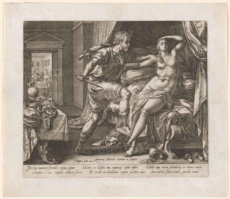 Sextus Tarquinius overwhelms Lucretia, 1578/79, copperplate, plate: 21.1 x 25 cm |, Sheet: 26.1 x 30.1 cm, U. M. inscribed: Henricus Goltzius inuentor et sculptor, Phillippus Galle exc., below the image field: Interea iuuenis furiales regius ignes, Concipit, et c [a] eco raptus amore furit., Hostis vt hospes init, vaginaq [ue] eripit ensem, et venit in thalamos nupta pudica tuos., Additit atq [ue] necem, famulumq [ue] in crimina iungit, Succubuit famæ victa puella metu., Hendrick Goltzius, Mühlbrecht 1558–1617 Haarlem, Philips Galle, Verleger, Haarlem um 1537–1612 Antwerpen