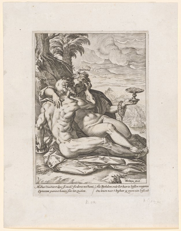 Honor and Opulentia (Honor and Wealth), 1582, copperplate, plate: 20.1 x 14.2 cm |, Leaf: 27.3 x 21.3 cm, U. l., numbered: 3 ., u, ., r., designated: HGoltzius [HG lig.] fecit ., at the l., Figure: Honor, at the r., Figure: Opulentia, under the image field: Mutua Diuitiæ et louse si inodo fœdera nectunt, Optatam parient homini sine lite quielem., When Ryckdom ends Eer haer in straightening, ons leuen naer t begheer zy vryen van besware [n], Hendrick Goltzius, Mühlbrecht 1558–1617 Haarlem