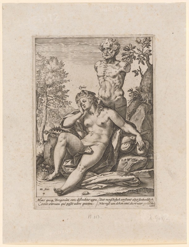 Quies (Quiet), 1582, copperplate, plate: 19.9 x 14 cm |, Leaf: 27.4 x 21 cm, U. l., designated and numbered: HG., [lig.] fecit., 4, in the figure: Quies, below the image field: Mens quoq [ue] Terrigenum curis distenditur ægra, Certior æternam quo posset adire quietem., Dat menschelyck verstant altyt sorchuuldich haect, Nae rust aen elcken cant, daert naer geduldich waect, Hendrick Goltzius, Mühlbrecht 1558–1617 Haarlem