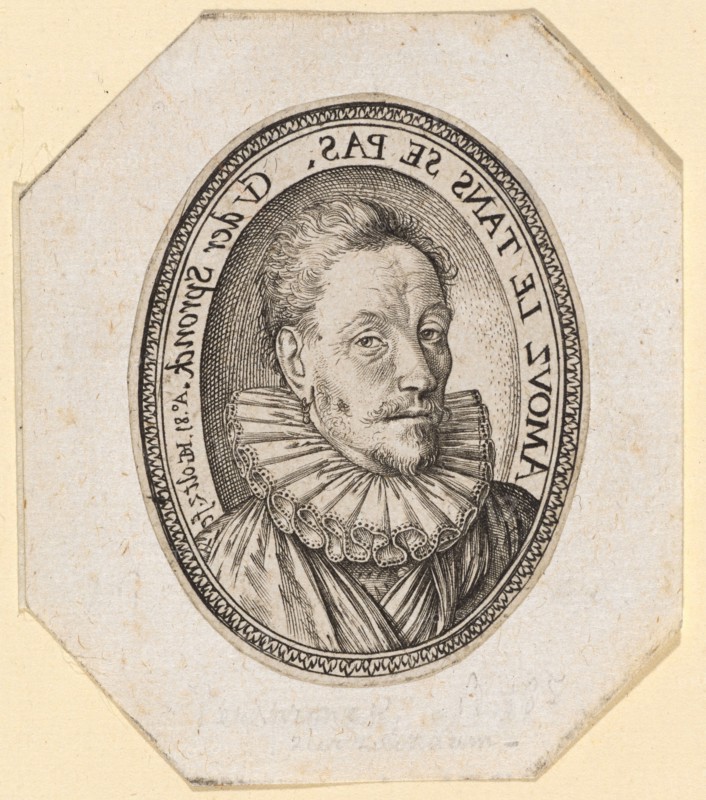 Gheraert van der Spronck (Verspronck), 1581, copperplate engraving, sheet: 4.6 x 3.5 cm (oval cut), O. inscribed in the frame (in mirror writing): AMOVZ LE TANS SE PAS., CV of the Spronck., A °, ., 81 HGoltz., [HG lig.] Fe, Hendrick Goltzius, Mühlbrecht 1558–1617 Haarlem