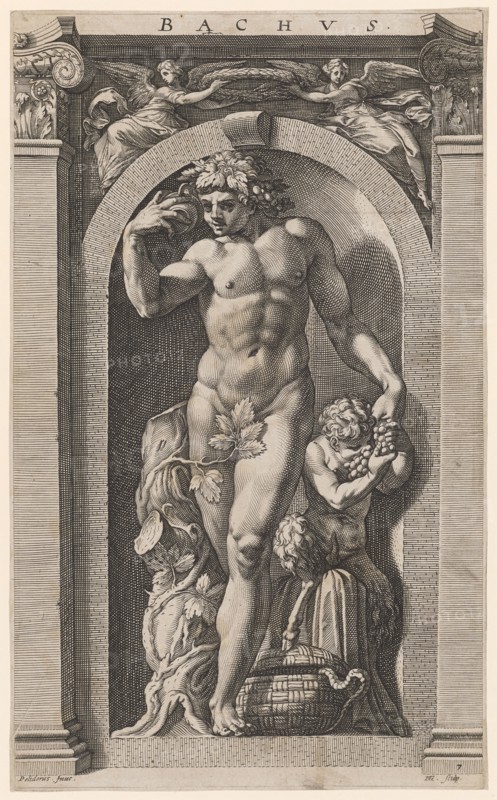 Bacchus, 1592, copperplate, plate: 35.5 x 21.6 cm |, Leaf: 35.5 x 21.7 cm, O. M. inscribed .: BACHVS ., u, ., l: Polidorus., inue, ., u, ., r., numbered and labeled: 7, HG., [lig.] sculp., Hendrick Goltzius, Stecher, Mühlbrecht 1558–1617 Haarlem, Polidoro Caldara, gen. da Caravaggio, Inventor, Caravaggio bei Bergamo um 1499 (?) – 1543 Messina
