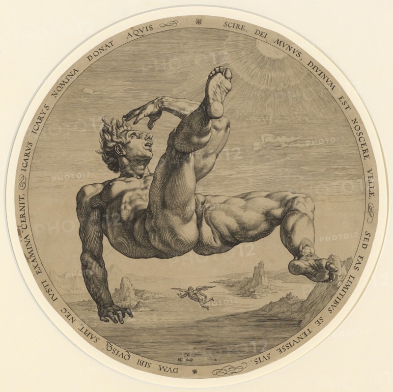 Icarus, 1588, copperplate, leaf: (diameter) 33.3 cm (trimmed at the edge of the plate), U.M. designated: C.C., Inue, ., HG., [lig.] sculp ., u, ., M. r., numbered: 2 ., inscribed in the margin: SCIRE, DEI MVNVS, DIVINVM EST NOSCERE VELLE, SED FAS LIMITIBVS SE TENVISSE SVIS., DVM SIBI QVISQ [VE] SAPIT, NEC IVSTI EXAMINA CERNIT, ICARVS ICARYS NOMINA DONATE AQVIS., Hendrick Goltzius, Stecher, Mühlbrecht 1558–1617 Haarlem, Cornelis Cornelisz. van Haarlem, Inventor, 1562–1638
