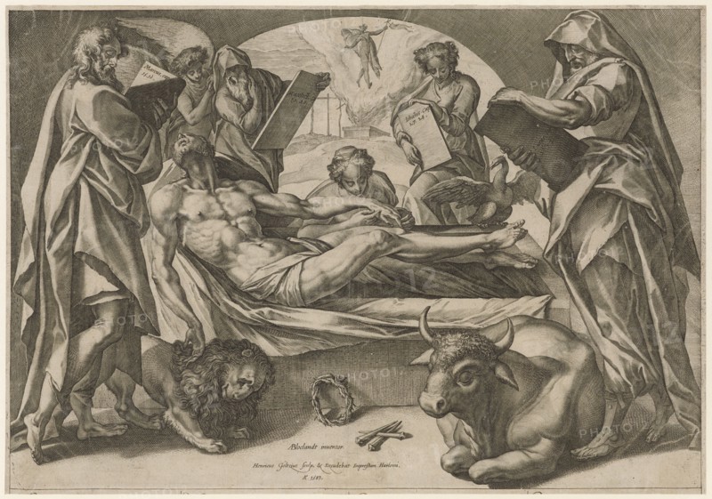 The Corpse of Christ and the Four Evangelists, 1583, copperplate, sheet: 31 x 44.7 cm, U. M. inscribed and dated: ABloclandt [AB lig.] Inuentor., Henricus Goltzius sculp,, Hendrick Goltzius, Stecher, Verleger, Mühlbrecht 1558–1617 Haarlem, Anthonie Blocklandt, Inventor, Montfoort 1533/34-1583 Utrecht