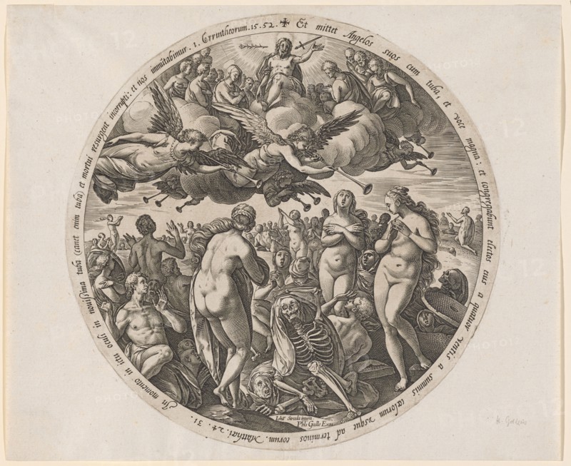 The Resurrection of the Dead, c. 1578, copperplate, plate: 26.3 cm (diameter) |, Leaf: 27.4 x 33.3 cm, U. M. inscribed: Ioha [nnes] Strada inuen., Ph [i] l [ip] s Galle Excu ., in the margin: et mediates angelos suos cum tuba, et voce magna: et congregabunt electos eius a quatuor ventis a summis cœlorum vsque ad terminos eorum., Matthaei, ., 24.31, ., In momento in ictu oculi in nouissima tuba (canet enim tuba) and mortui incorrupti: et nos immutabimur., 1. Corrintheorum.15.52., Hendrick Goltzius, Stecher, Mühlbrecht 1558–1617 Haarlem, Johannes Stradanus, Inventor, Brügge 1523-1605 Florenz, Philips Galle, Verleger, Haarlem um 1537–1612 Antwerpen