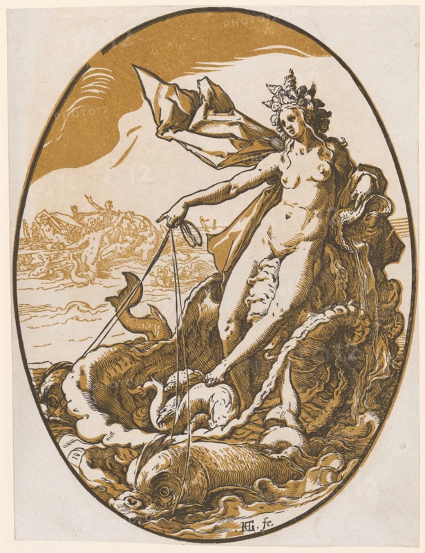 Thetis, 1588/90 (probably print 1617/20), chiaroscuro woodcut of two plates (ocher and black), image: 35.2 x 26.6 cm (oval) |, Leaf: 35.5 x 26.8 cm, U. M. inscribed: HG., [lig.] fe., Hendrick Goltzius, Mühlbrecht 1558–1617 Haarlem, Willem Jansz. Blaeu, Verleger, Alkmaar 1571–1638 Amsterdam