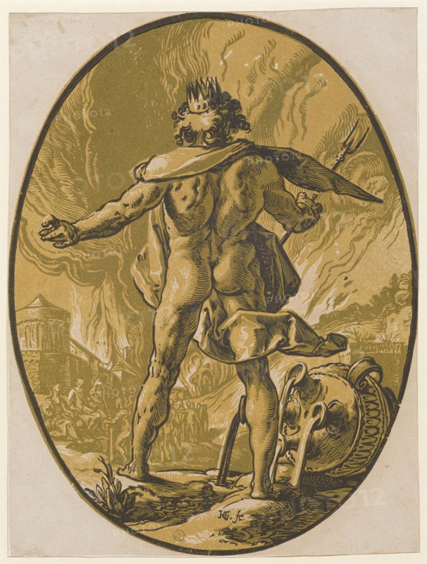 Pluto, 1588/90 (probably print 1617/20), chiaroscuro woodcut of three plates (two clay plates in yellow and olive green, above reticule in black), image: 34.4 x 25.9 cm (oval) |, Leaf: 34.4 x 26.1 cm, U. M. inscribed: HG., [lig.] fe., Hendrick Goltzius, Mühlbrecht 1558–1617 Haarlem, Willem Jansz. Blaeu, Verleger, Alkmaar 1571–1638 Amsterdam