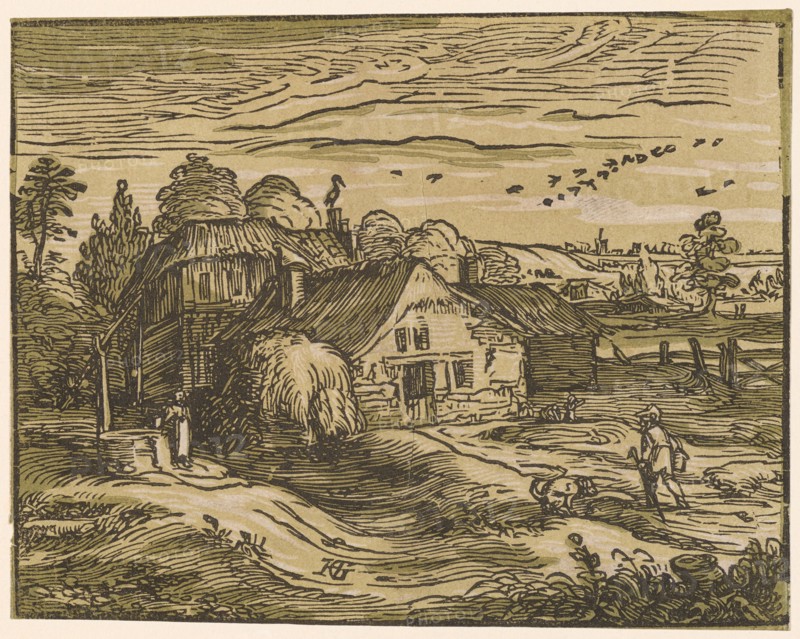 Landscape with peasant homestead, c. 1597/1600 (print probably 1617/20), chiaroscuro woodcut of three plates (green, light green and black), page: 11.3 x 14.7 cm, signed by monogram: HG [lig.], Hendrick Goltzius, Mühlbrecht 1558–1617 Haarlem, Willem Jansz. Blaeu, Verleger, Alkmaar 1571–1638 Amsterdam