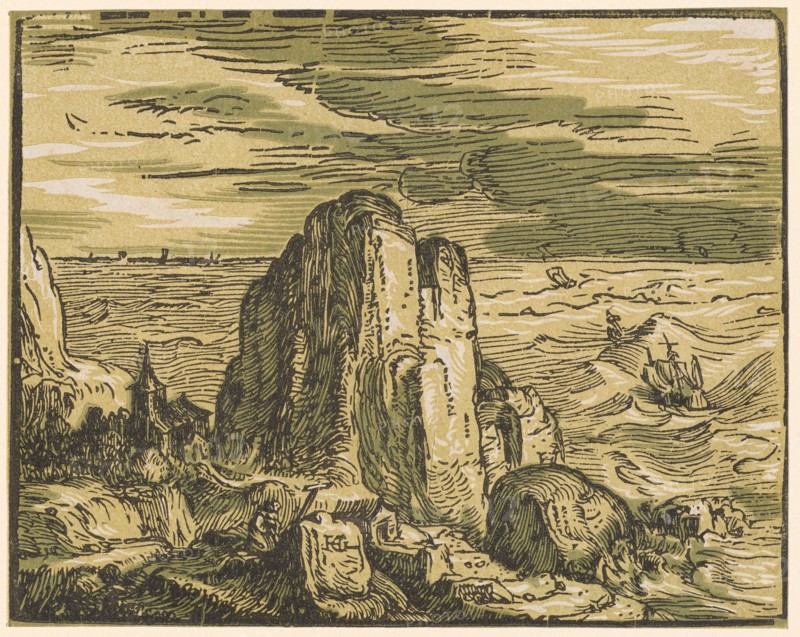 Rock cliff at the seashore, around 1597/1600 (probably print 1617/20), chiaroscuro woodcut of three plates (green, light green and black), image: 11.5 x 14.5 cm, signed by monogram: HG [lig.], Hendrick Goltzius, Mühlbrecht 1558–1617 Haarlem, Willem Jansz. Blaeu, Verleger, Alkmaar 1571–1638 Amsterdam