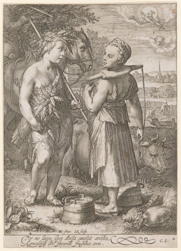 The Summer, 1601 (print before 1652), copperplate engraving, sheet: 22.2 x 15.9 cm (trimmed within the margin of the plate), U. l., numbered: 2, u, ., M. l., designated: HG., [lig.] Inue., I.S., sculp, ., under the picture field: Per me larga seges densis canescit aristis, Agricolasq [ue] beo fœcundi frugibus anni ., u, ., r., numbered and monogrammed: 2, C.S., Jan Saenredam, Stecher, Zaandam 1565–1607 Assendelft, Hendrick Goltzius, Inventor, Mühlbrecht 1558–1617 Haarlem, Claes Jansz. Visscher, Verleger, Amsterdam 1586/87–1652 Amsterdam