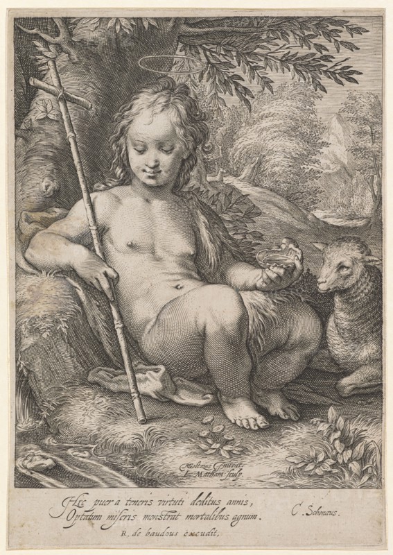 Johannesknabe, c. 1597, copperplate, plate: 20.5 x 14.5 cm |, Leaf: 20.7 x 14.5 cm, U. M. inscribed: HGoltzius [HG lig.] Inuent., I. Matham sculp ., under the image field: Hic puer a teneris virtuti deditus annis, Optatum miseris monstrat mortalibus agnum., R. de baudous excudit ., r .: C. Schnæus., Jacob Matham, Stecher, Haarlem 1571–1631 Haarlem, Hendrick Goltzius, Inventor, Mühlbrecht 1558–1617 Haarlem