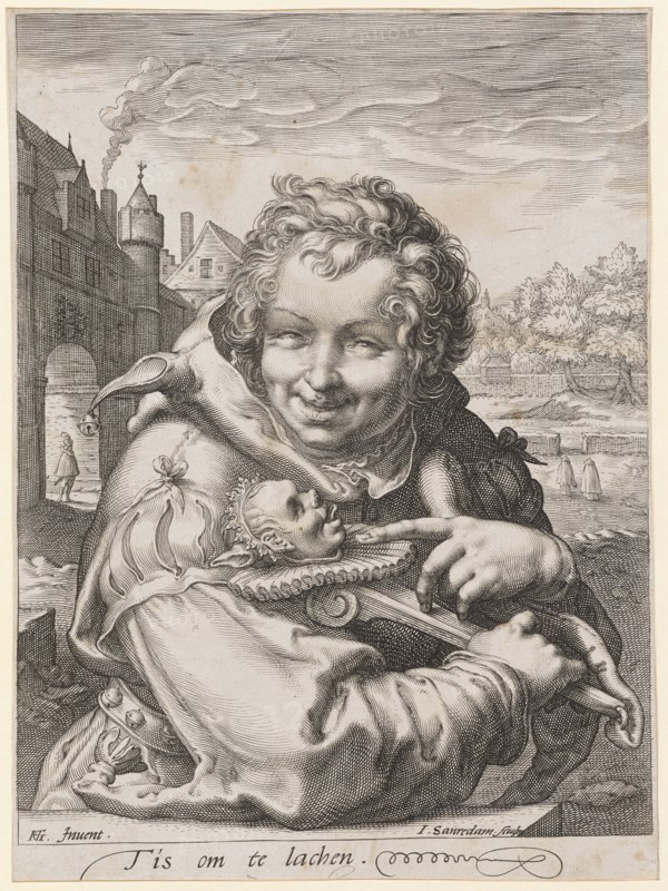 The Fool, c. 1595-1600, copperplate engraving, sheet: 24.3 x 17.9 cm (trimmed at the edge of the plate), U. l., designated HG., [lig.] Inuent ., u, ., M.r .: I. Sanredam sculp, under the image field: T'is om te laugh., Jan Saenredam, Stecher, Zaandam 1565–1607 Assendelft, Hendrick Goltzius, Inventor, Mühlbrecht 1558–1617 Haarlem