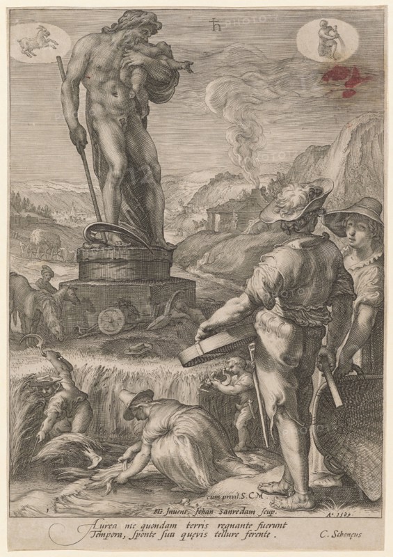 Saturn as Protector of the Agricultural Workers, 1596, copperplate engraving, sheet: 25.1 x 17.4 cm (slightly trimmed within the edge of the plate), U. l., numbered: 1, u, ., M. denotes: cum privil., S.C.M., HG., [lig.] Inuent., Johan Sanredam scup ., u, ., r., dated: 1569 [sic: 1596], inscribed below the image field: Aurea me quondam terris regnante fuerunt, Tempora, sponte sua qu [a] evis tellure ferente., C. Already [a] eus, Jan Saenredam, Stecher, Zaandam 1565–1607 Assendelft, Hendrick Goltzius, Inventor, Mühlbrecht 1558–1617 Haarlem