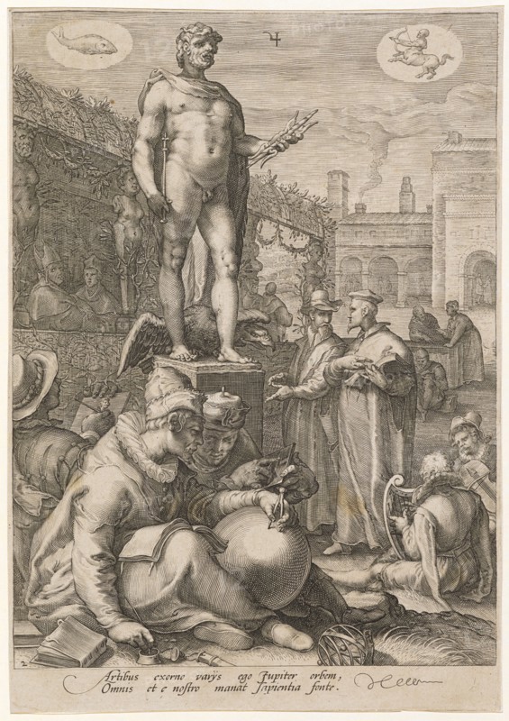 Jupiter as Protector of the Sciences and Arts, 1596, copperplate engraving, sheet: 25.4 x 17.7 cm (trimmed just inside the edge of the plate), U. l., numbered: 2, under the picture field designates: Artibus exorno varys ego Jupiter orbem, Omnis et e nostro, manat sapientia fonte., Jan Saenredam, Stecher, Zaandam 1565–1607 Assendelft, Hendrick Goltzius, Inventor, Mühlbrecht 1558–1617 Haarlem