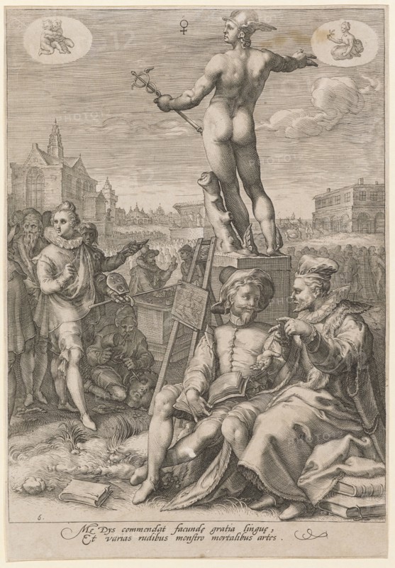 Mercury as protector of commerce and the arts, 1596, copperplate engraving, sheet: 25.5 x 17.7 cm (slightly trimmed within the margin of the plate), U. l., numbered: 6, inscribed under the image field: Me Dys commendat facund [a] e gratia lingu [a] e, Et varias rudibus monstro mortalibus artes., Jan Saenredam, Stecher, Zaandam 1565–1607 Assendelft, Hendrick Goltzius, Inventor, Mühlbrecht 1558–1617 Haarlem