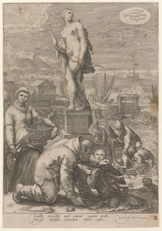 Luna (Diana) as Protector of Hunting and Fishing, 1596, copperplate engraving, sheet: 25.2 x 17.5 cm (slightly trimmed within the margin of the plate), U. l., numbered: 7, inscribed under the image field: Vasta procellosi mihi parent [a] equora ponti, Diversely stable renovanti lumine cursus., Jan Saenredam, Stecher, Zaandam 1565–1607 Assendelft, Hendrick Goltzius, Inventor, Mühlbrecht 1558–1617 Haarlem