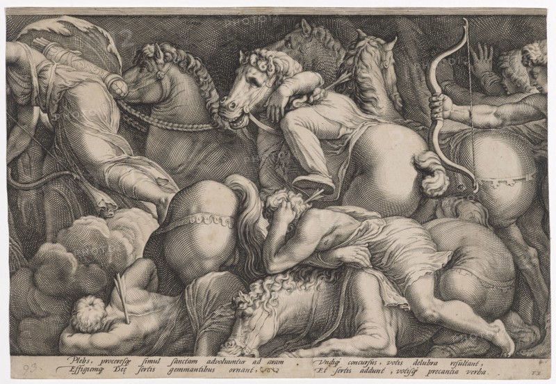 The punishment of Niobe (second plate), 1594, copperplate, sheet: 26.3 x 38.4 cm (trimmed within the edge of the plate), inscribed under the image field: plebs, proceresq [ue] simul sanctam advoluuntur ad aram, effigiemq [ue] De [a, ] sertis gemmantibus ornant, Vndiq [ue] concursus, votis delubra resultant, Et fertis addunt, votisq [ue] precantia verba., FE, Jan Saenredam, Stecher, Zaandam 1565–1607 Assendelft, Hendrick Goltzius, Zeichner, Mühlbrecht 1558–1617 Haarlem, Polidoro Caldara, gen. da Caravaggio, Inventor, Caravaggio bei Bergamo um 1499 (?) – 1543 Messina