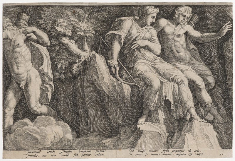 The punishment of Niobe (third plate), 1594, copperplate, sheet: 26.1 x 38.7 cm (trimmed within the edge of the plate), inscribed under the image field: Intumuit Niobe stimulis lymphata furentis, Inuidi [a] e, nec in the condit sub pectore vulnus, Sed vulgo cunctos festis propulsat ab aris, Se prece, se donis, clamans, dignam esse Sab [a] eis, FE, Jan Saenredam, Stecher, Zaandam 1565–1607 Assendelft, Hendrick Goltzius, Zeichner, Mühlbrecht 1558–1617 Haarlem, Polidoro Caldara, gen. da Caravaggio, Inventor, Caravaggio bei Bergamo um 1499 (?) – 1543 Messina