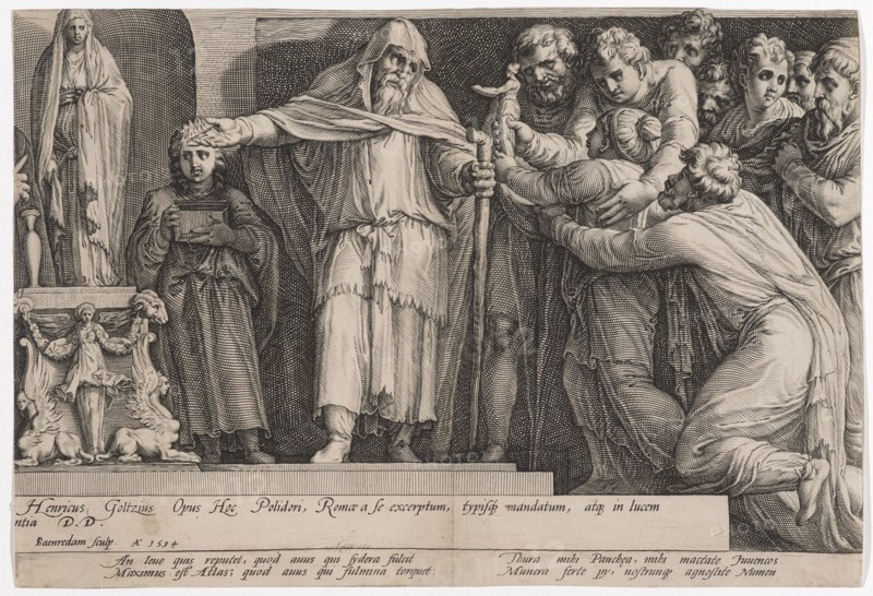 The punishment of Niobe (fifth plate), 1594, copperplate engraving, sheet: 26.2 x 38.5 cm, U. in the cartouche inscribed: Henricus Goltzius Opus Hoc Polidori, Romæ a se excerptum, typisq [ue] mandatum, atq [ue] in lucem, ntia DD, below: ISaenredam [IS lig.] sculp., A ° 1594, under the picture field: An leue quis reputet, quod anus qui sydera fulcit, Maximus est Atlas, quod anus qui fulmina torquet:, Thura mihi Panch [a] ea, mihi mactate Iuuencos, Munera ferte py, nostrunq [ue] agnoscite Numen, Jan Saenredam, Stecher, Zaandam 1565–1607 Assendelft, Hendrick Goltzius, Zeichner, Mühlbrecht 1558–1617 Haarlem, Polidoro Caldara, gen. da Caravaggio, Inventor, Caravaggio bei Bergamo um 1499 (?) – 1543 Messina