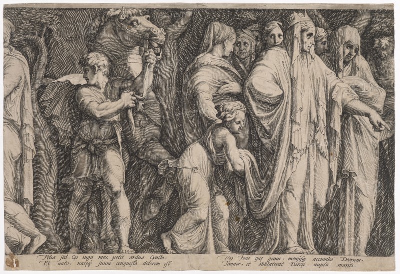 The punishment of Niobe (sixth plate), 1594, copperplate engraving, sheet: 26.1 x 38.5 cm (trimmed within the edge of the plate), inscribed under the image field: Filia sed c [a] ei iuga mox petit ardua cynthi, Et nato, nat [, a] eq [ue] suum conquesta dolorem est, Vos Ioue qu [a] e genui, mensisq [ue] accumbo Deorum, Temnor, et obblaterat Dirc [a] egg nupta mariti., Jan Saenredam, Stecher, Zaandam 1565–1607 Assendelft, Hendrick Goltzius, Zeichner, Mühlbrecht 1558–1617 Haarlem, Polidoro Caldara, gen. da Caravaggio, Inventor, Caravaggio bei Bergamo um 1499 (?) – 1543 Messina