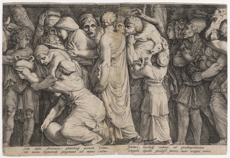The punishment of Niobe (seventh plate), 1594, copperplate engraving, sheet: 26.4 x 38.5 cm (trimmed within the edge of the plate), inscribed below the image field: Non tulit Arcitenens, pharetraq [ue] acciucta Diana, Nec mora, Agenorid [a] e properant ad m [a] onia cadmi, Ismenos, Sipylusq [ue] cadunt, nil quadrupedantum, Vngula equum prodest, fratres mors occupat omnes., Jan Saenredam, Stecher, Zaandam 1565–1607 Assendelft, Hendrick Goltzius, Zeichner, Mühlbrecht 1558–1617 Haarlem, Polidoro Caldara, gen. da Caravaggio, Inventor, Caravaggio bei Bergamo um 1499 (?) – 1543 Messina
