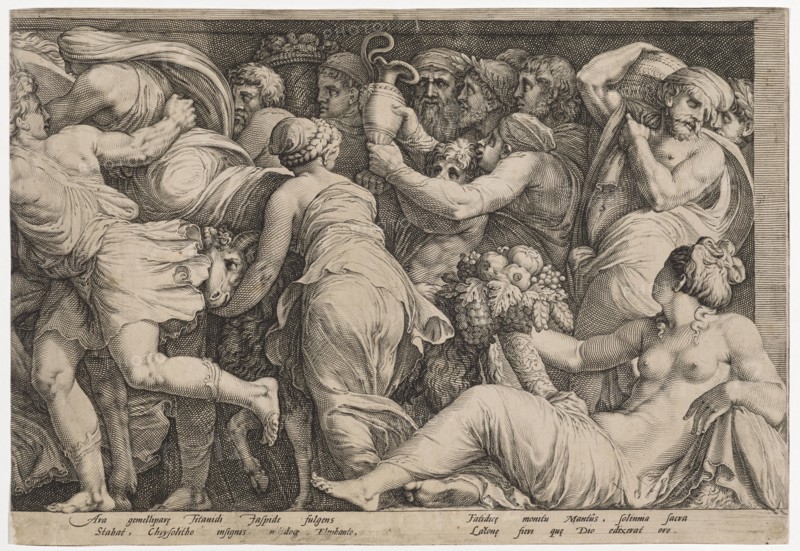 The punishment of Niobe (eighth plate), 1594, copperplate engraving, sheet: 26.3 x 38.5 cm (trimmed within the margin of the plate), inscribed under the image field: Ara gemellipar [a] e Titanidi Iaspide fulgens, Stabat, Chrysolitho insignis nitidoq [ue] Elephanto, Fatidic [a] e monitu Mantus, solennia sacra, Laton [a] e fiere qu [a] e Dio edixerat ore., [sic: wrong way with the text from plate one], Jan Saenredam, Stecher, Zaandam 1565–1607 Assendelft, Hendrick Goltzius, Zeichner, Mühlbrecht 1558–1617 Haarlem, Polidoro Caldara, gen. da Caravaggio, Inventor, Caravaggio bei Bergamo um 1499 (?) – 1543 Messina