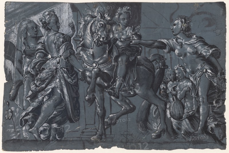 A rider at the crossroads, feather in black and dark gray, gray washed, heightened in white, on gray-blue primed paper, sheet: 20.1 x 30.4 cm, U. M. monogrammed with a brush in gray: TS [lig.], Tobias Stimmer, (Kopie nach / copy after), Schaffhausen 1539–1584 Strassburg