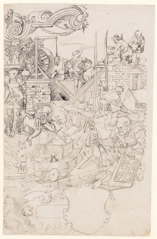 Broken glass with stonemason, feather in black and gray, sheet: 30.7 x 19.6 cm, not marked, Tobias Stimmer, (Kopie nach / copy after), Schaffhausen 1539–1584 Strassburg