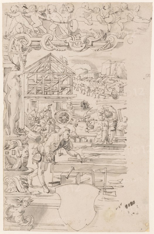 Broken glass with carpenter, feather in dark gray, gray wash, sheet: 31.9 x 20.2 cm, not marked, Tobias Stimmer, (Kopie nach / copy after), Schaffhausen 1539–1584 Strassburg