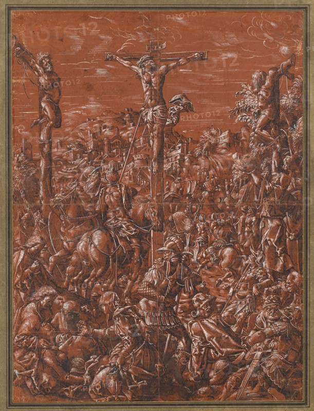 Golgotha, feather in black, heightened with white, on red primed paper, completely wound up, foliage: 42 x 31.2 cm, U. l., monogrammed in white with brush: TS [lig., truncated], Tobias Stimmer, (Kopie nach / copy after), Schaffhausen 1539–1584 Strassburg