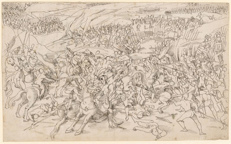 Battle scene between cavalry and infantry, feather in black, Leaf: 20.2 x 32.5 cm, Unmarked, Tobias Stimmer, (Umkreis / circle), Schaffhausen 1539–1584 Strassburg