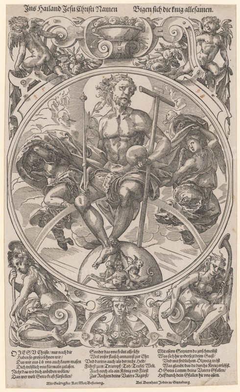 Christ as Judge of the World, c. 1580, woodcut, picture: 31.6 x 21.5 cm |, Leaf: 36.6 x 22.1 cm, O. l., inscribed: In Hailand Jesus Christ's name, o. r .: Do the little ones take their names ., under the picture: O Jesus Christ, only after you, we have so much to crave, that we scarcely masen from lid vns, lend to you comforting vns., Not that we make you wave, Dan who wolt Gotes force?, Special, therefore, the vns is very fervent, because our Flaisch takes the name of Ehr:, And darinn also, as the right hero, leading to triumph, death, devil, world., Even as a king and prince, At the right hand of your father's regirst, Thrown with iron treats there, Which here oppresses the gaist, Comforting with a sweet olive twig, That which you believe redeem through the cross., O God's Lamb, your father's fall;, Help by your falling in with all of us ., u, ., l .: With Gnaedigster Kai: Maie Liberation.;, u., r .: With Bernhart Jobin to Strasburg., Tobias Stimmer, Schaffhausen 1539–1584 Strassburg...