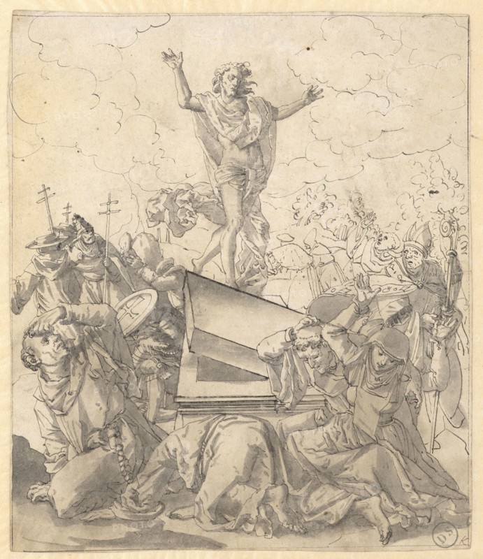 Allegorical depiction of the Resurrection of Christ, feather in black, gray washed, fully wound, leaf: 30.7 x 26 cm, not marked, Tobias Stimmer, (Umkreis / circle), Schaffhausen 1539–1584 Strassburg, Christoph Murer, (?), Zürich 1558–1614 Winterthur