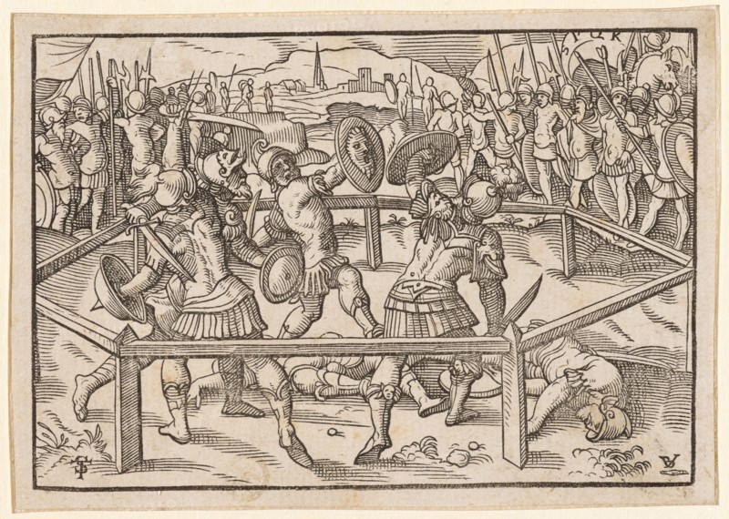 Battle of the Horatians against the Curatians, 1574, woodcut, without framing, picture: 7.3 x 10.6 cm |, Leaf: 7.9 x 11.2 cm, U. l., monogrammed: TS [lig.], u, ., r .: BI [lig., = Bernhard Jobin], knife signet, Tobias Stimmer, Schaffhausen 1539–1584 Strassburg, Bernhard Jobin, Formschneider, vor 1545 - 1593