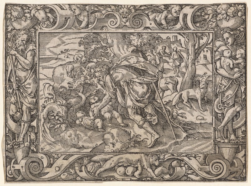Faustulus finds the boys Romulus and Remus, 1574, woodcut, image: 10.7 x 14.6 cm, U. l., monogrammed: BI [lig., = Bernhard Jobin], knife signet, u, ., M .: TS [lig.], Tobias Stimmer, Schaffhausen 1539–1584 Strassburg, Bernhard Jobin, Formschneider, vor 1545 - 1593