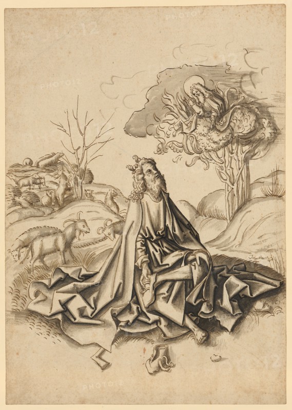 Moses at the Burning Bush, around 1500, feather in brown, greyish brown washed, page: 29.3 x 21 cm, unsigned, Hans Holbein d. Ä., (Werkstatt / workshop), Augsburg um 1460/65–1524