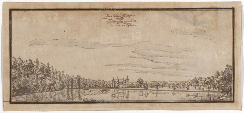 View of the Öttlingen moated castle, also called Friedlingen, 1649, feather in brown, in places in black, light blue watercolored, leaf: 12.8 x 28.3 cm, O. M. inscribed with pen in brown: the castle Ottlingen., anjezo [?], Fridlingen, including pen in black: An [n] o., 1650. the 25 Aprill ., u, ., M. marked with pen in black: Before the repair ., u, ., r., monogrammed and dated in black with pen: JJA 1649, next to it with feather in gray: Maio, Johann Jakob Arhardt, Durlach 1613–1674 Strassburg