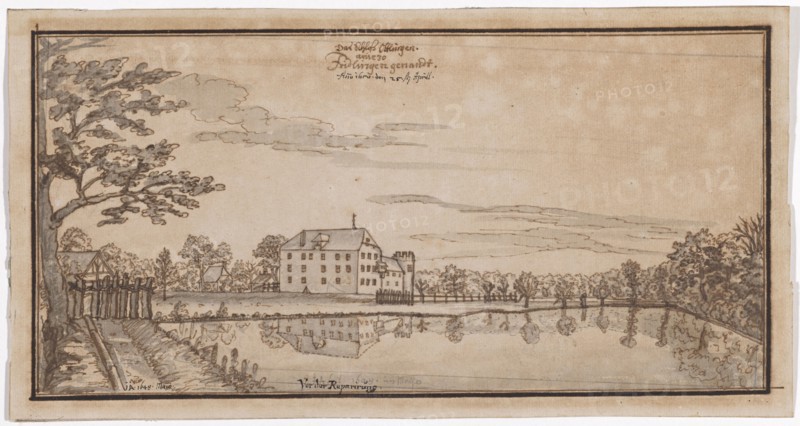 View of the moated castle Öttlingen, also called Friedlingen, 1649, feather in brown, light blue watercolored, leaf: 15.7 x 29.9 cm, O. M. with pen in brown inscribed: the castle Ottlingen., anjezo [?], Fridlingen, including pen in black: Ano 1650. the 25th Aprill ., u, ., l, ., monogrammed and dated in black with pen: J. JA., [YES]. 1649 Maio, u, ., M. marked with pen in black: Before the repair ., including monogrammed and dated in gray with feather [faded]: J A 1648. in Maijo, Johann Jakob Arhardt, Durlach 1613–1674 Strassburg