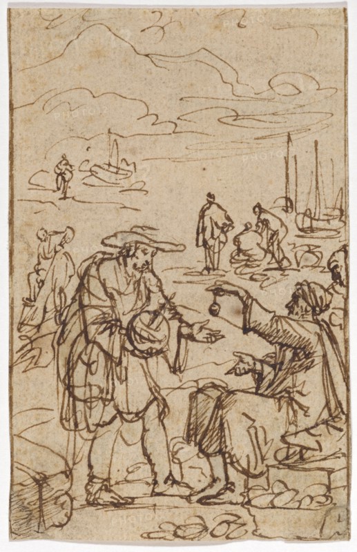 Pilgrim's trade, mid-17th century, feather in brown, leaf: 9.5 x 6 cm, not marked, Anonym, Niederlande, 17. Jh.