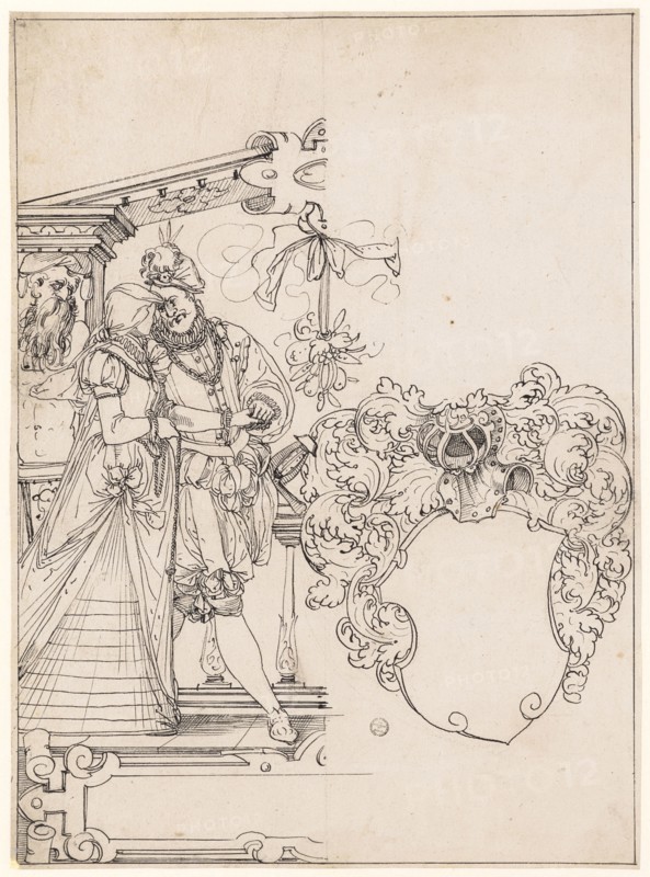 Cracked disc with walking pair of lovers and blank blazon, feather in black, sheet: 34.6 x 25.4 cm |, Image: 34 x 25.9 cm, Not marked, Tobias Stimmer, (Umkreis / circle), Schaffhausen 1539–1584 Strassburg, Anonym, Schweiz (Basel), 16. Jh., (?)