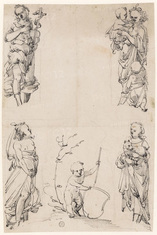Designs for flanking figures with Fides, Caritas, Patientia, Spes and Putto with empty escutcheon, feather in black, traces of a preliminary drawing with black pencil, Journal: 29.3 x 19.1 cm /19.7 cm, Not indicated, Tobias Stimmer, (Umkreis / circle), Schaffhausen 1539–1584 Strassburg
