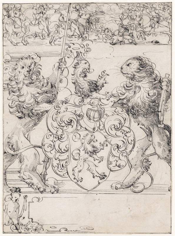 Slice rupture with two lions as shield holders and lion coat of arms, in the Oberbild riding battle, feather in black, remains of a preliminary drawing with black pencil, sheet: 43 x 31.8 cm, unmarked, Anonym, Schweiz (Basel), 16. Jh.