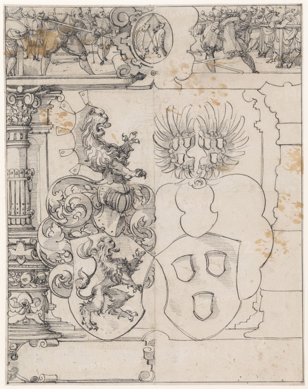 Slice tear with alliance coat of arms to Rhine, from Reinach (?), In the upper picture duel with long pike and signs of the order of the fish and the falcon, feather in black, sheet: 37.5 x 29.5 cm |, Picture: 37 x 29 cm, Not marked, Tobias Stimmer, (Umkreis / circle), Schaffhausen 1539–1584 Strassburg