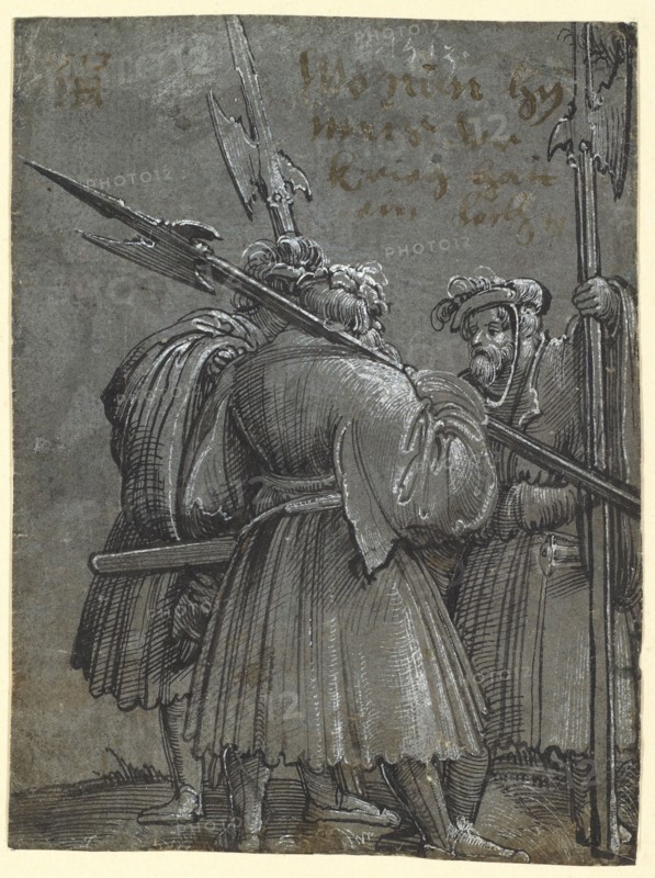 Three Landsknechts in Entertainment (Three Night Watchmen), 1513, feather in black, heightened with white, on blue gray primed paper, mounted on cardboard, folia: 10.3 x 7.8 cm, O. l., dated with pen in brown and monogrammed: 1513, HH [lig.,?], o. r., dated with brush in white: 1513, Albrecht Altdorfer, um 1480–1538 Regensburg