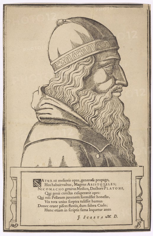 Breast portrait of Aristotle, 1549, woodcut, leaf: 34.7 x 22.6 cm, U. l., monogrammed: RHMD [lig.], u, ., M. designated: NATURAE melioris opus, generosa propago, Hos habuit vultus, Magnus A R I S T O T E L E S, N I C O M A C H O genitus Medico, Doctore P L A T O N E, Qui genii cunctas exsuperavit opes:, Qui nisi Pellaeum juvenem formasset honesto, Vix tota unius sceptra tulisset humus., Donec erunt pisces fluviis, dum fidera coelo, Hunc etiam in scriptis fama loquetur anus., J. S C R E T A, M D., Hans Rudolf Manuel gen. Deutsch, Erlach/Bern 1525–1571 Morges/Waadt