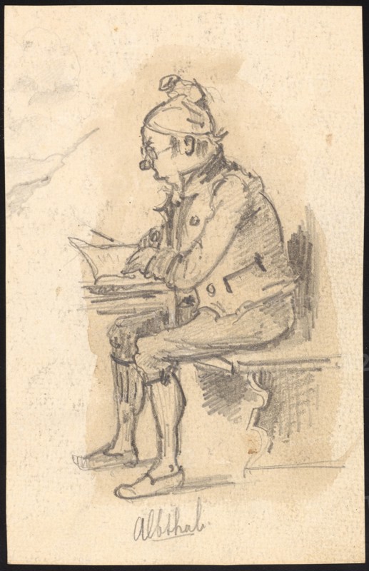 Sitting, reading man from the side, pencil, sheet: 14.5 x 9.4 cm, U. M. inscribed in pencil: Albthab [underlined], Paul Franz Otto, 1839–1927