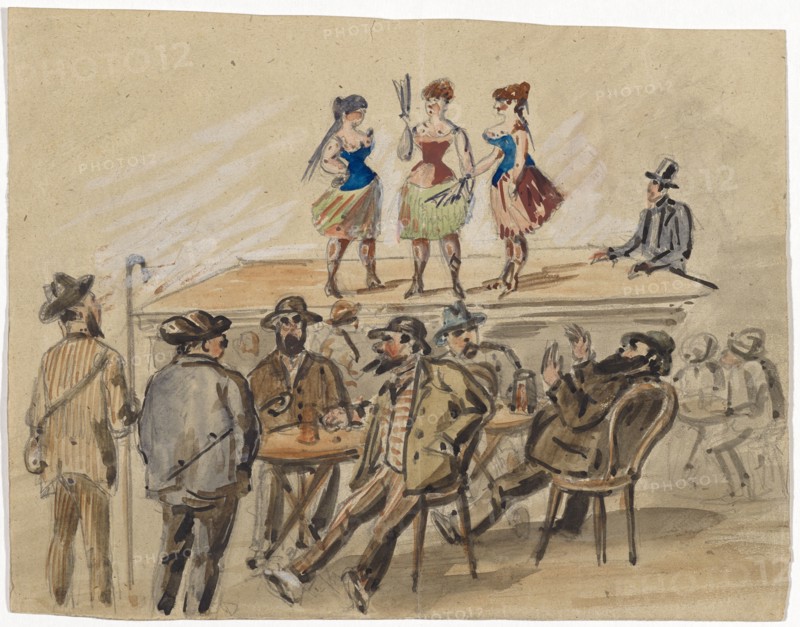 Three women present themselves on a stage, in front of them men at beer tables, 1882, pencil, watercolor, sheet: 17 x 21.8 cm, on the back o. R., inscribed in pencil: ... [illegible], including dated: Aug. 1882, Paul Franz Otto, 1839–1927