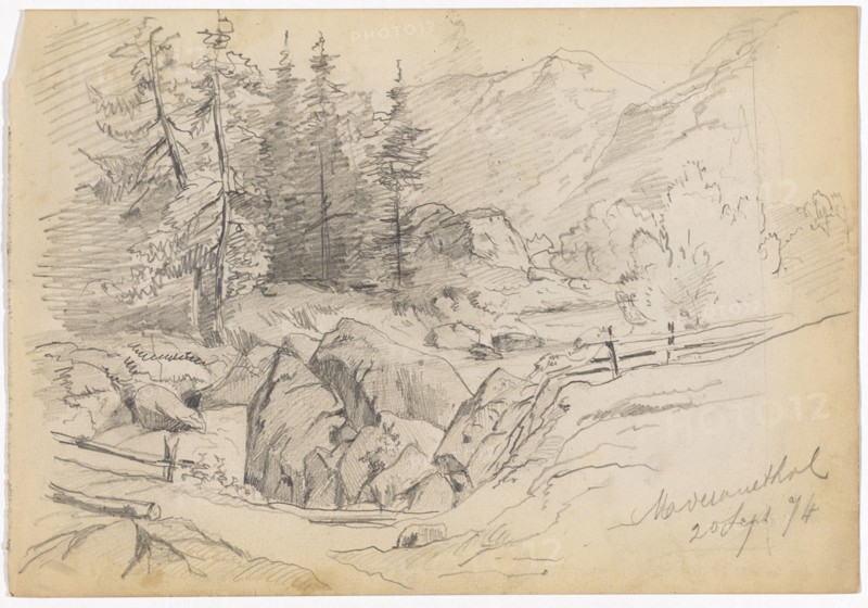 Mountain valley with river, rocks, fir trees and a bridge (recto), woman in traditional clothes holding a platter (verso), 1874, pencil (recto), Colored pencil, pencil (verso), sheet: 18.9 x 27.5 cm, recto u., r., inscribed and dated in pencil: ... [illegible], 20 Sept.74, verso: u., M. marked with colored pencil in blue: ... [illegible], Paul Franz Otto, 1839–1927