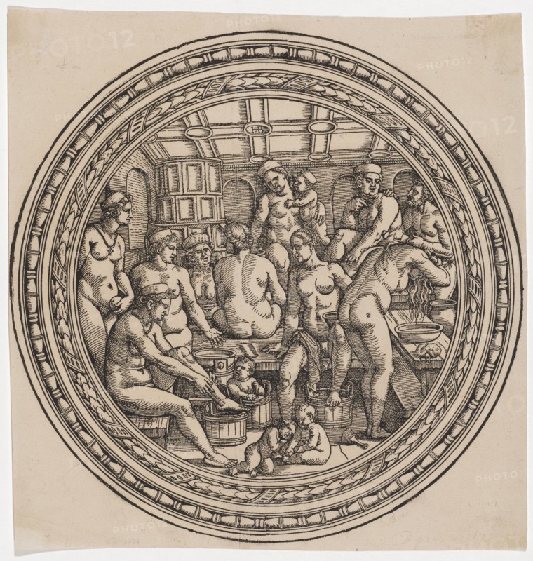 The Frauenbad, 1530/40, woodcut, sheet: 30.5 x 30 cm |, Image: 29.5 cm (diameter), O. M monogrammed: HSB [lig.], Sebald Beham, Nürnberg 1500–1550 Frankfurt a.M.